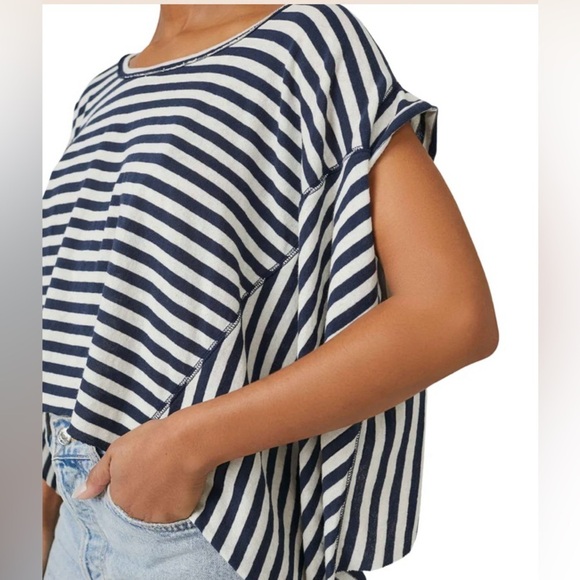 Free People We The Free Angel Striped Asymmetrical Tee Size Large - Picture 2 of 14
